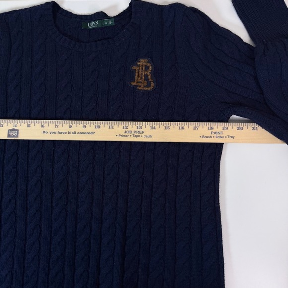 Lauren Ralph Lauren Womens XL Navy Cable Knit Embellished Puff Sleeve Sweater - Picture 6 of 8